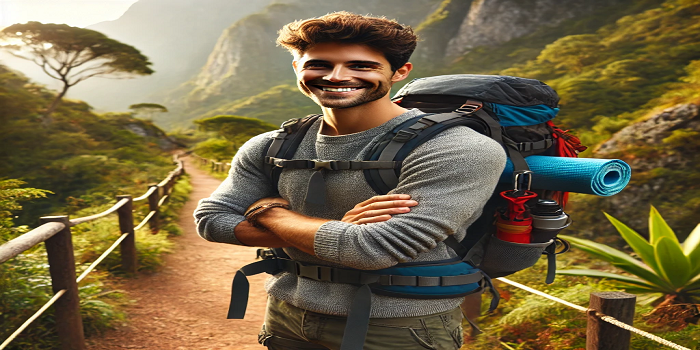 A beginner hiker smiling on a scenic trail with a backpack and hiking gear.